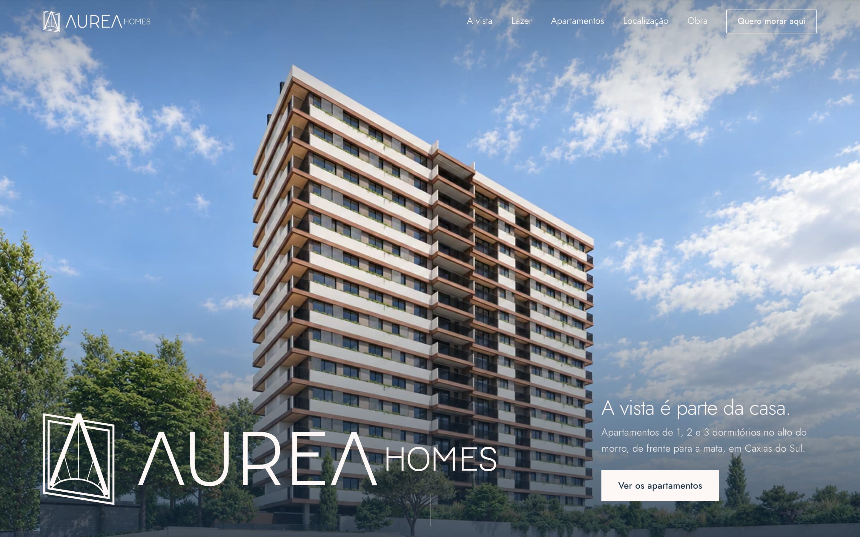 Aurea Homes home page with a render of the building and the headline “A vista é parte da casa”