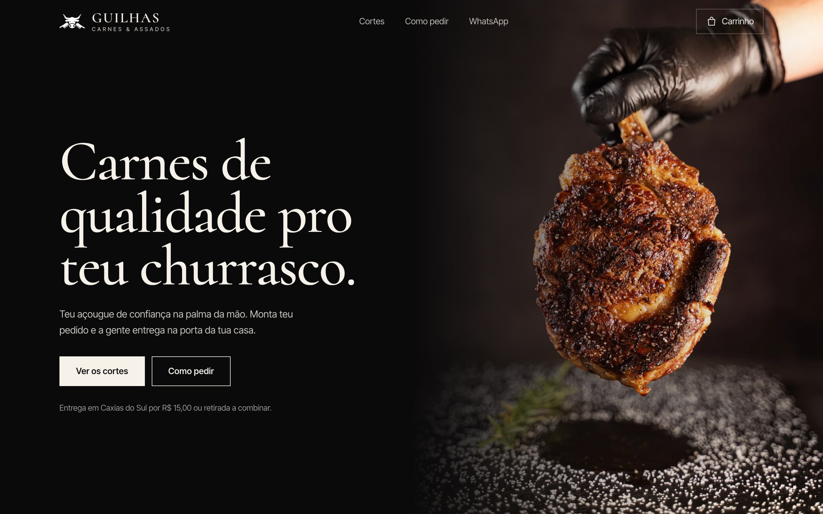 Guilhas Carnes home page with the headline “Carnes de qualidade pro teu churrasco”