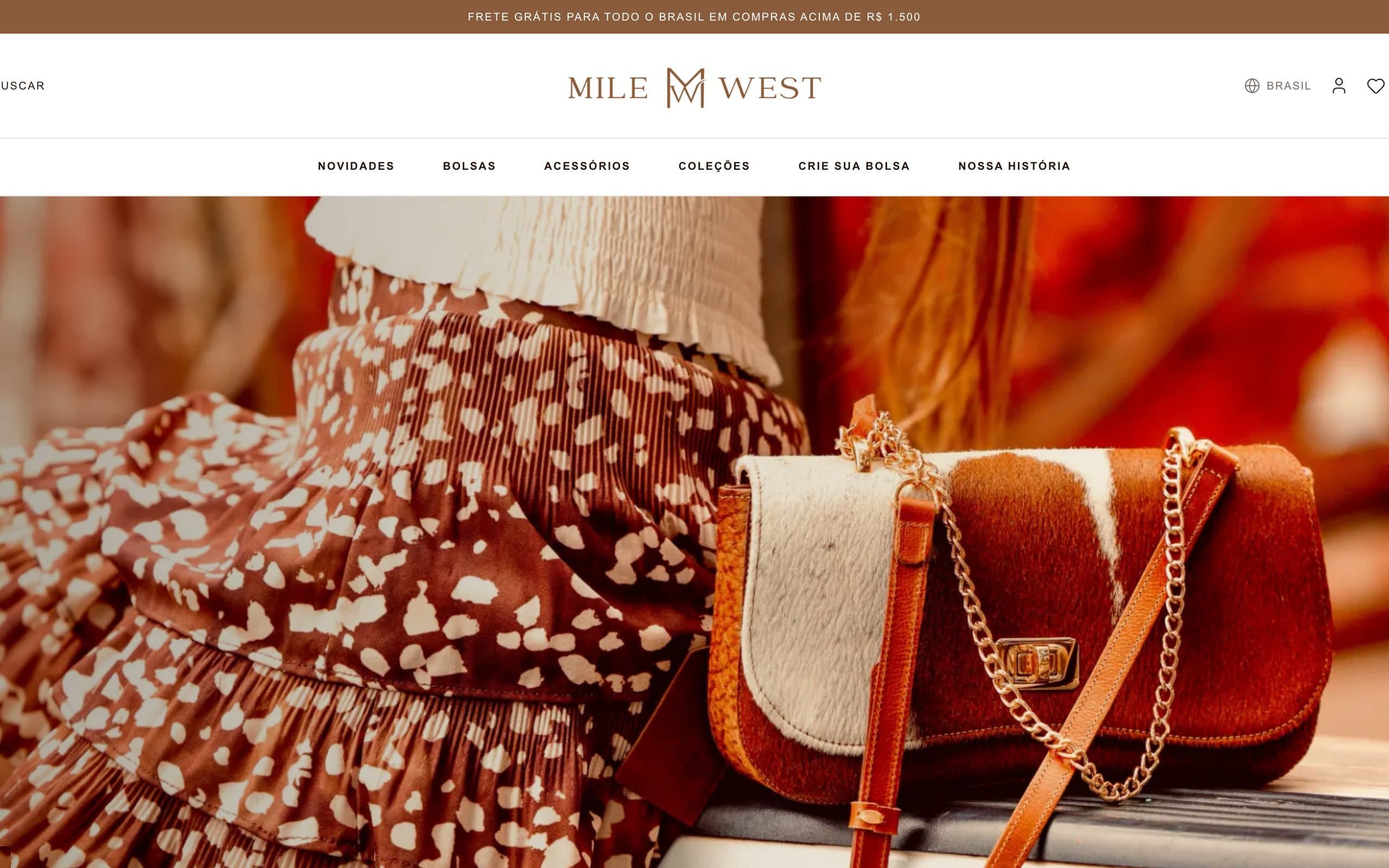 Mile West Brazilian storefront home page with a leather handbag